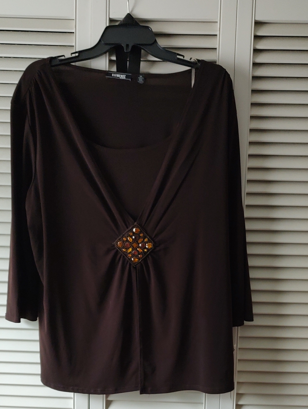 Elementz Chocolate Brown Long Sleeve V-Neck Top with Amber Gem Detail